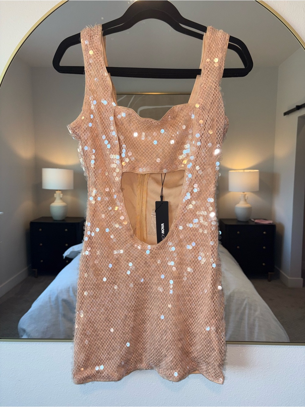 Fashion Nova Blush Sequin Cutout Mini Dress
